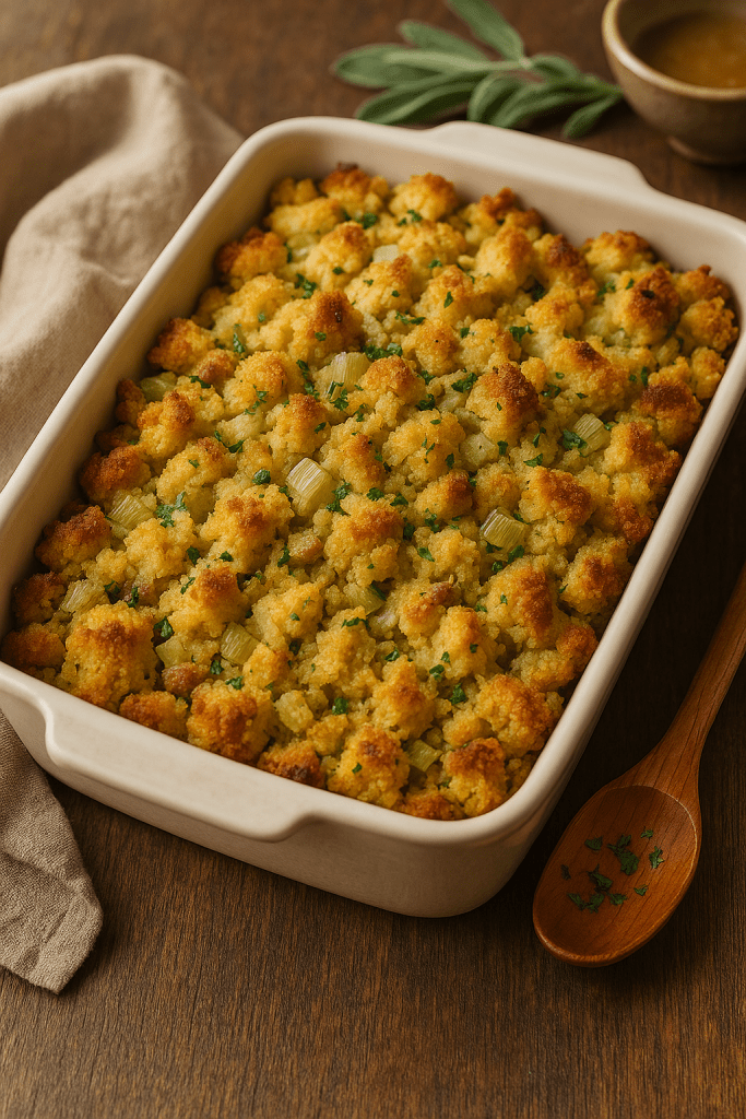a casserole dish of cornbread stuffing