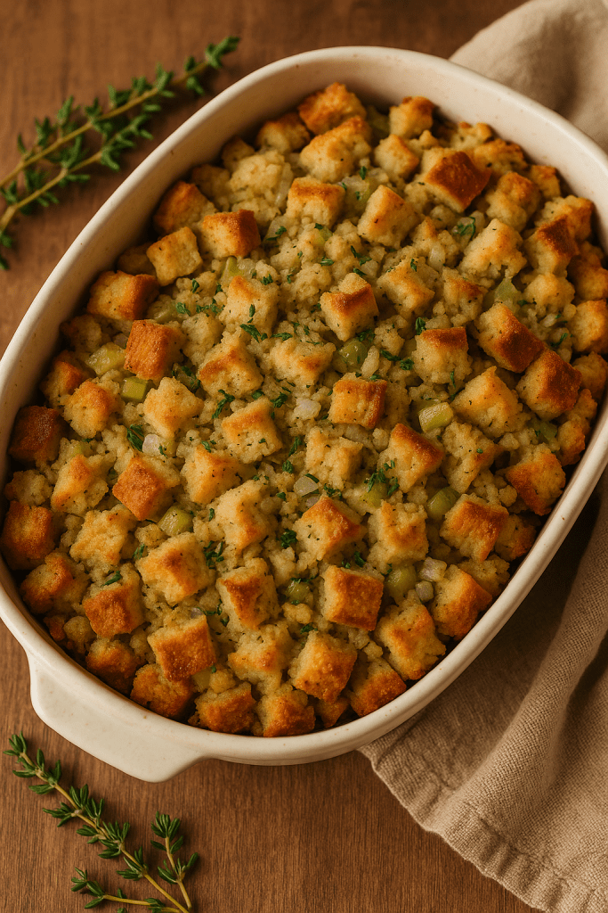 a casserole dish of bread stuffing