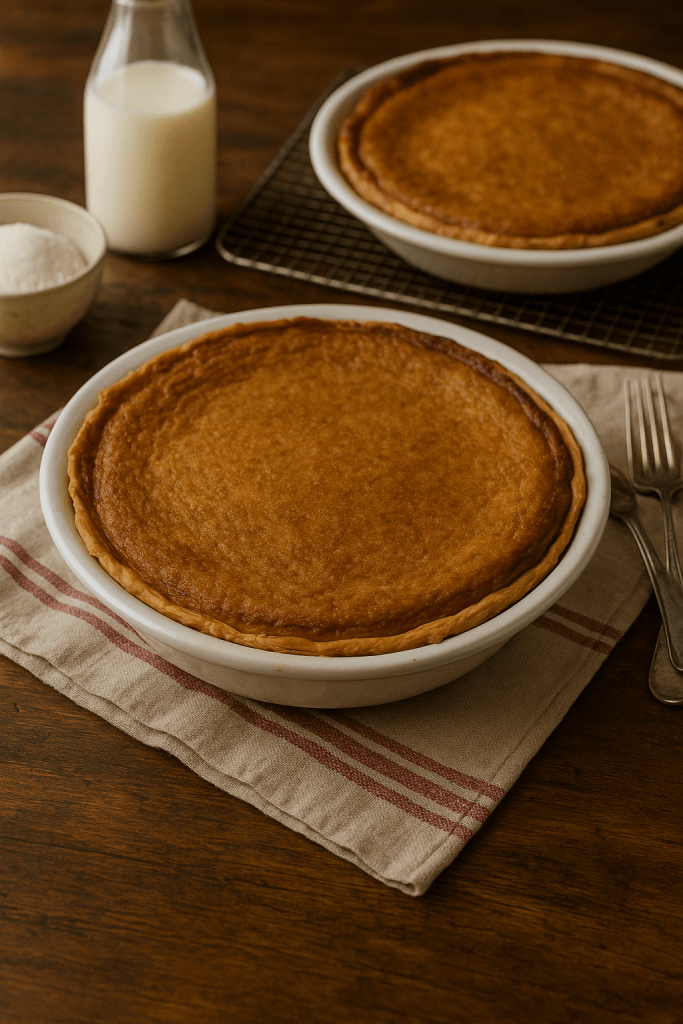 a chess pie in a milk glass pie dish on a striped tea towel