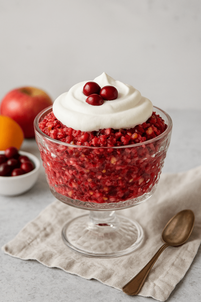 a cut glass footed bowl of classic cranberry salad with whipped cream on top