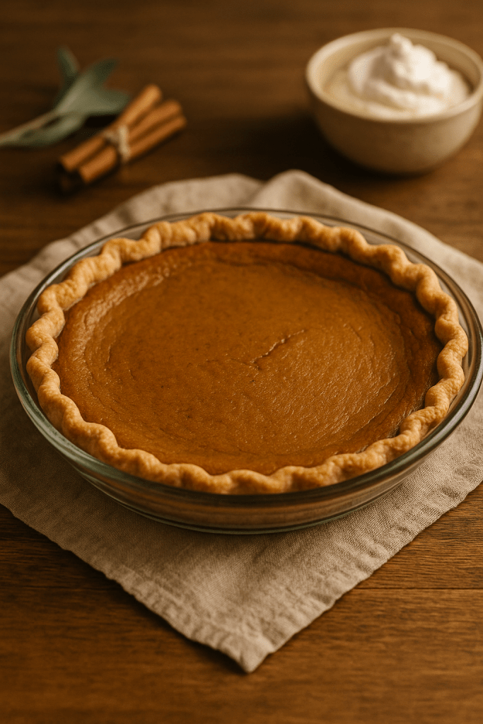 a pumpkin pie in a glass pie plate waiting to be sliced and served