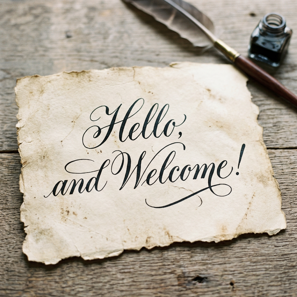 Aged paper with calligraphy text 'Hello, and Welcome!' next to a quill pen and ink bottle